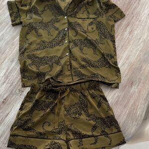 Victoria's Secret Pajama Set - Olive with Black Leopard Print